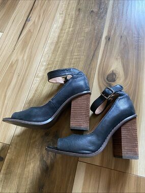 Kelsi Dagger Black Open-Toe Ankle Strap Block Heel with Brown Stacked Heel